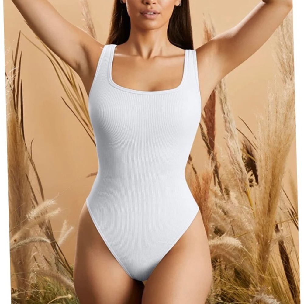 NWOT, White Ribbed Sleeveless Bodysuit, Deep Square Neckline, with Snaps